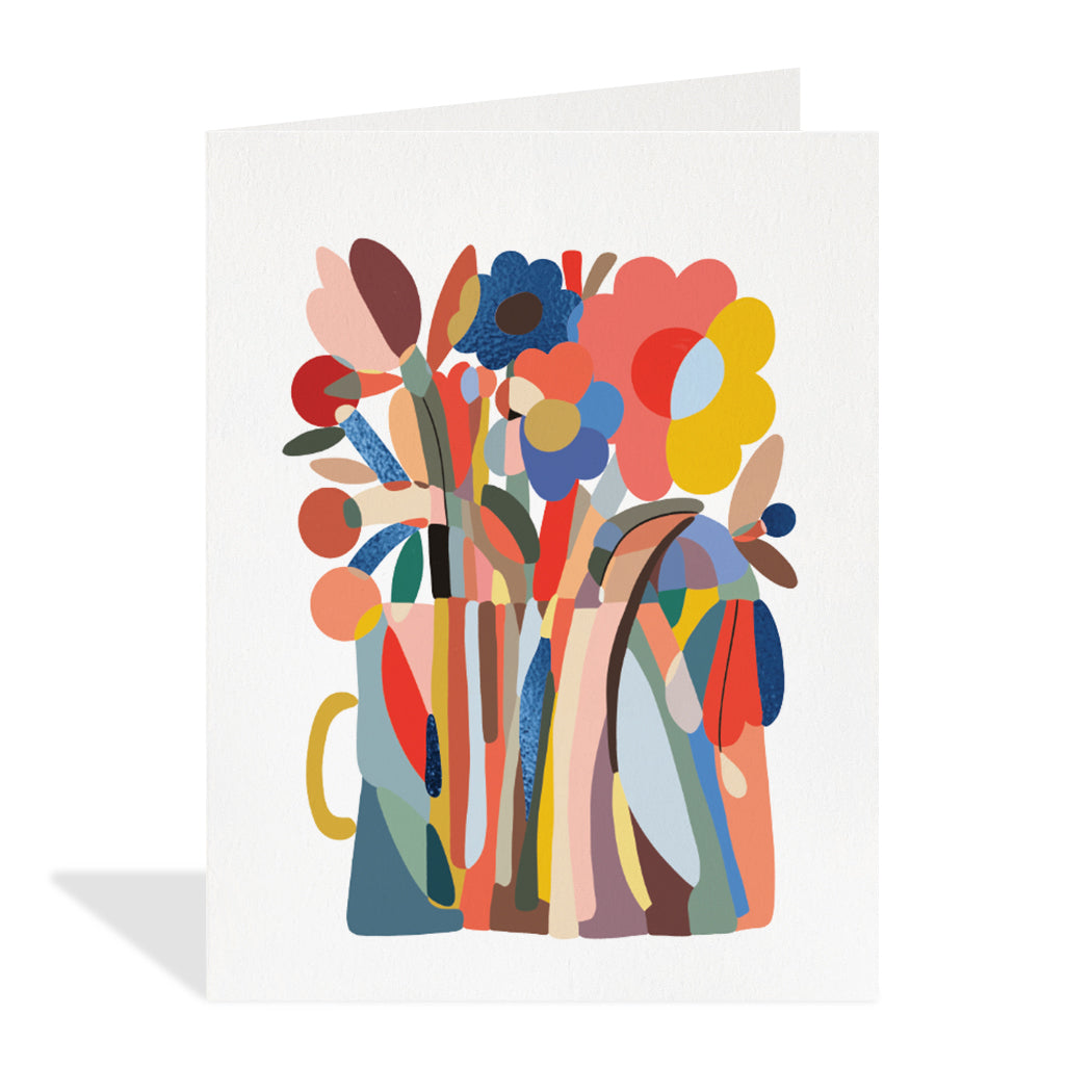 Greeting card designed by Marina Castaldo. A beautiful illustration of colourful abstract flowers with blue foil. 