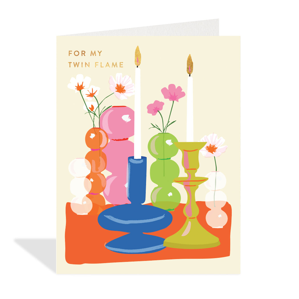 Greeting card design by Canadian Artist, Rachel Joanis. A cute illustration of funky candles and flowers in funky vases seemingly to be having a party. 