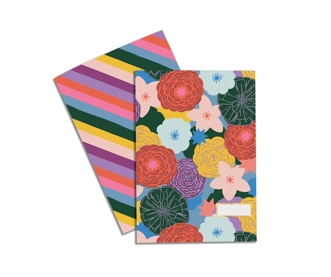 Illustrated Notebook Set by Crissie Rodda with one design being a lovely display of colourful florals and the other design being a stripe pattern flowing diagonally matching the colours of the florals. 