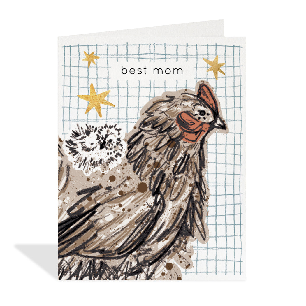 Greeting card design by Aimee Mac. A cute drawing of a hen with stars and a sentiment that reads "best mom".