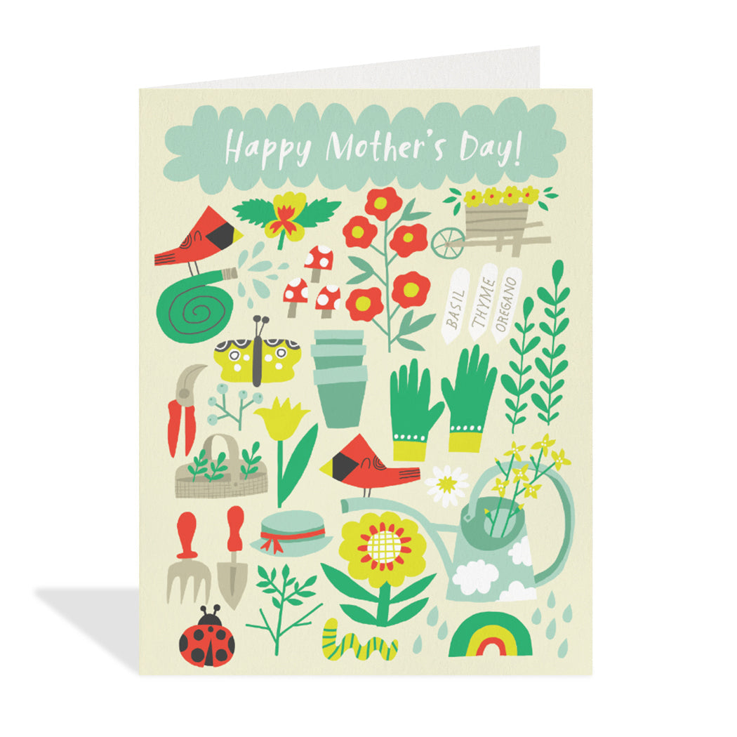 Greeting card design by Salli Swindell. A cute garden essentials illustration with an embossed sentiment that reads "happy mother's day".