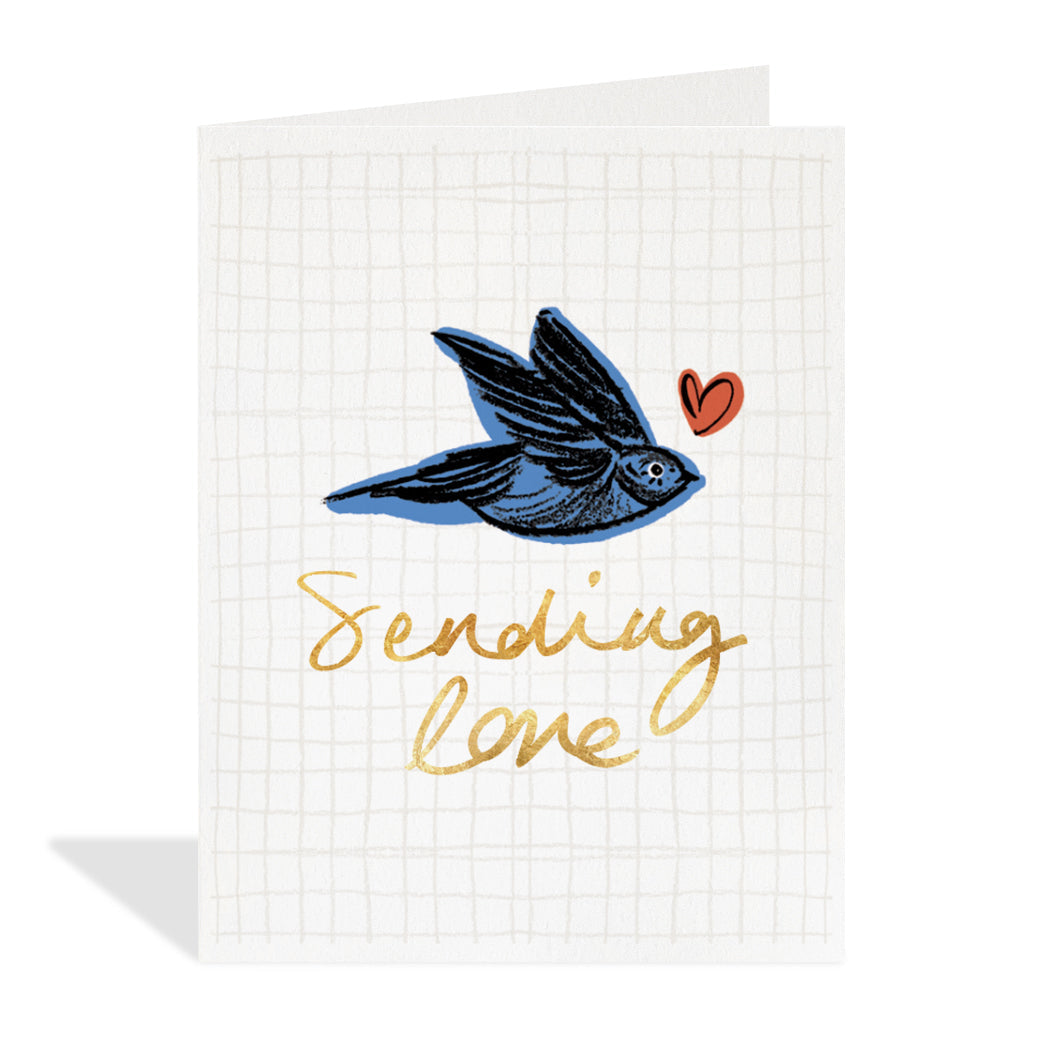 Greeting card designed by Aimee Mac. A cute bird flying with a heart above with a sentiment that reads, "Sending love".