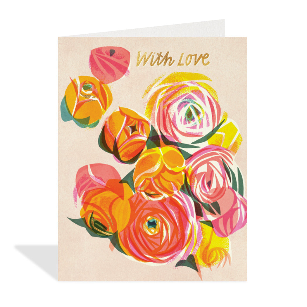 Greeting card design by Asta Barrington. A gold foil-accented design of a bouquet of flowers and a sentiment that reads "with love". 