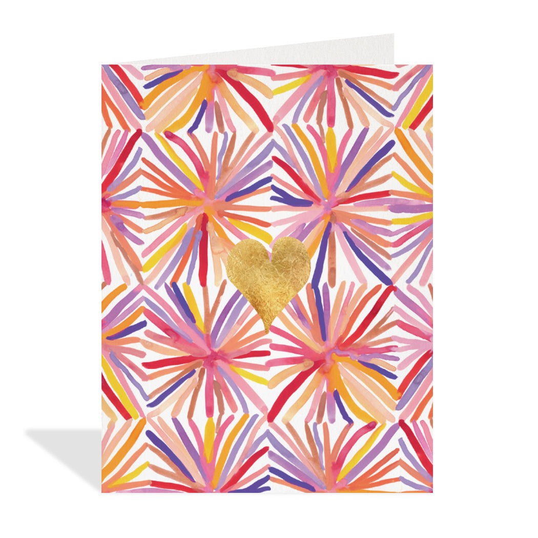 Greeting card design by Cassandra Ott. A colourful pattern design with a gold foil heart in the center.