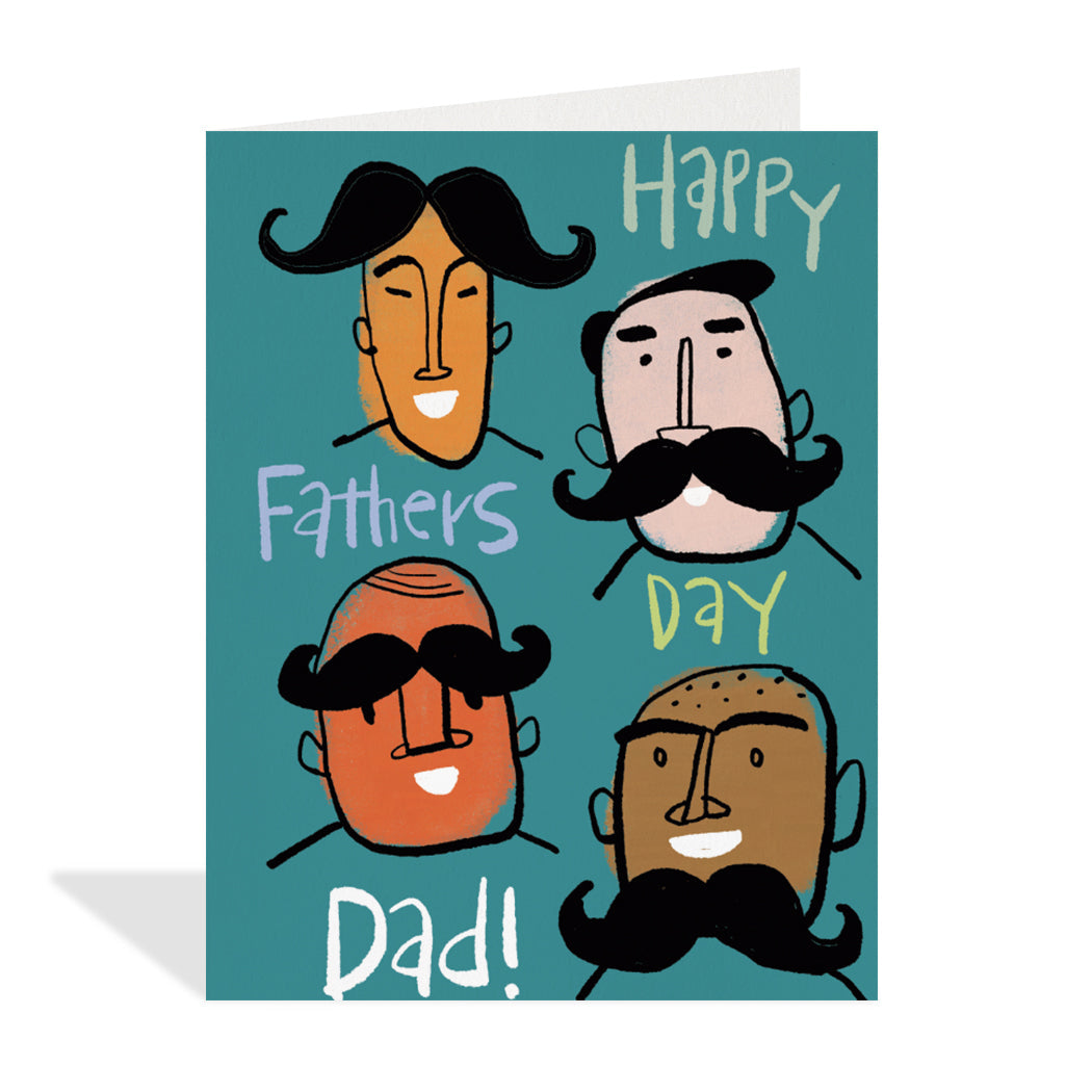 Greeting card design by Carlos Aponte. A fun illustration of 4 male faces with moustaches on their chin, eyebrows, head, and below the nose with a sentiment that reads "happy father's day dad".