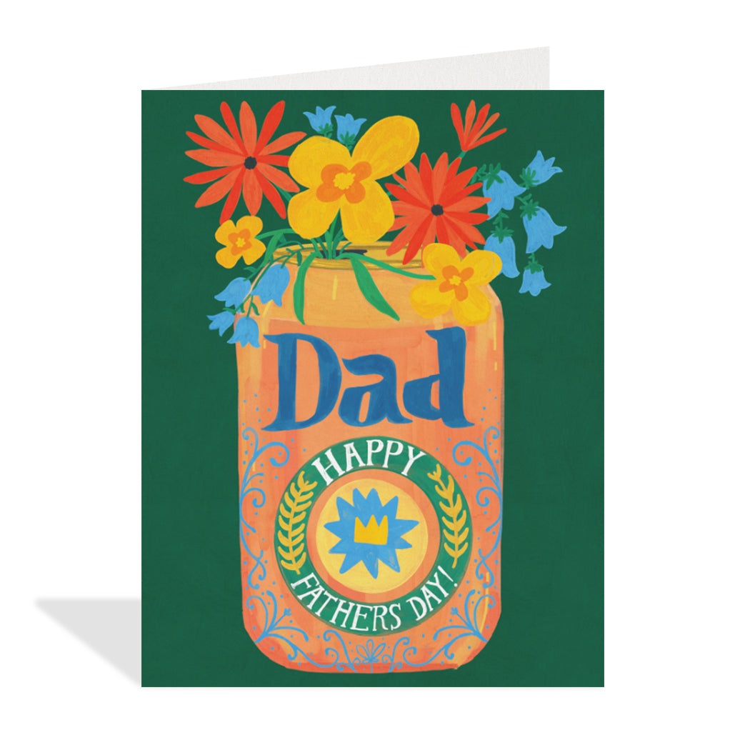 Greeting card design by Erin Mac. A charming illustration of a beer can bouquet with colourful flowers and a sentiment that reads "dad, happy father's day".