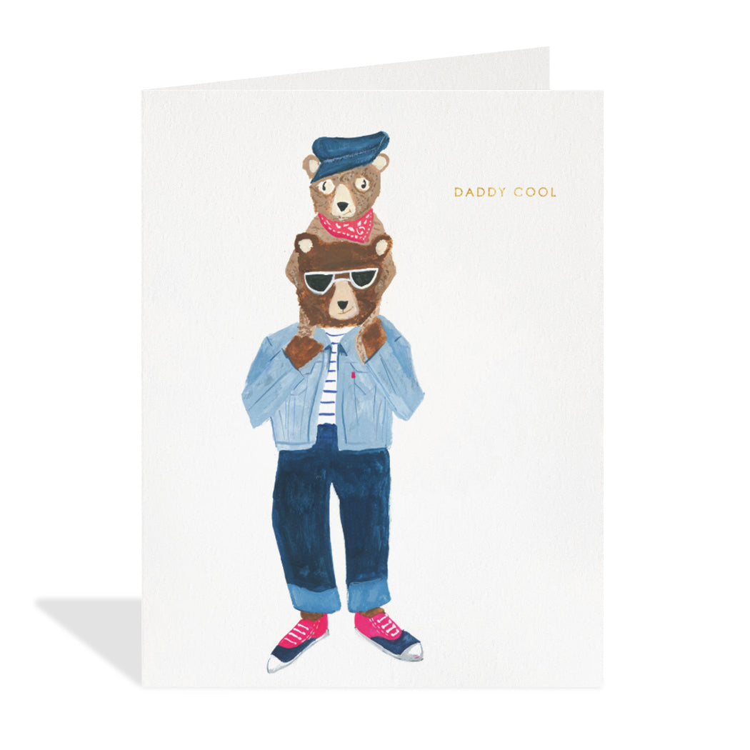 Greeting card design by Hutch Cassidy. A cool illustration of a brown bear wearing Demin clothes and sneakers holding his cub on his shoulders with a gold foil sentiment that reads "daddy cool".