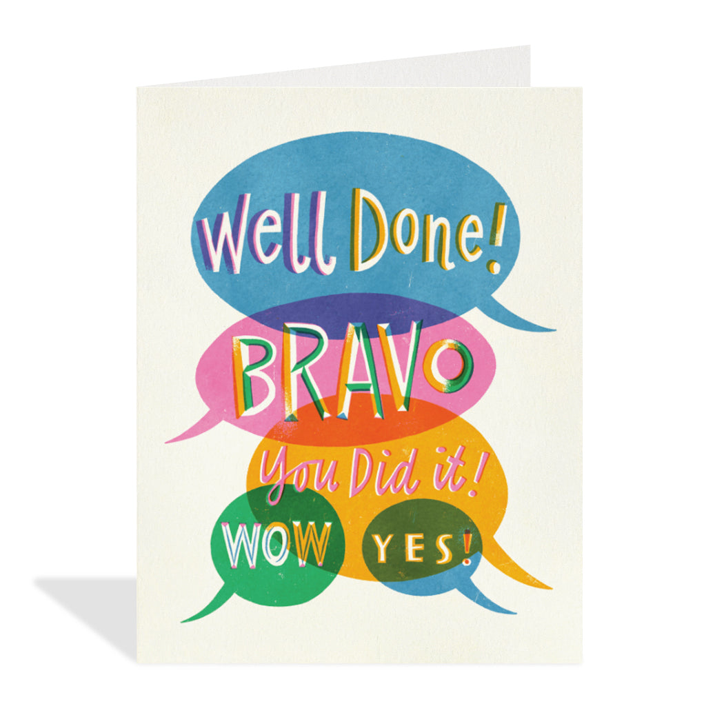 Greeting card design by Asta Barrington. A colourful set of speech bubbles with sentiments that read "well done, bravo, you did it, wow, and yes".