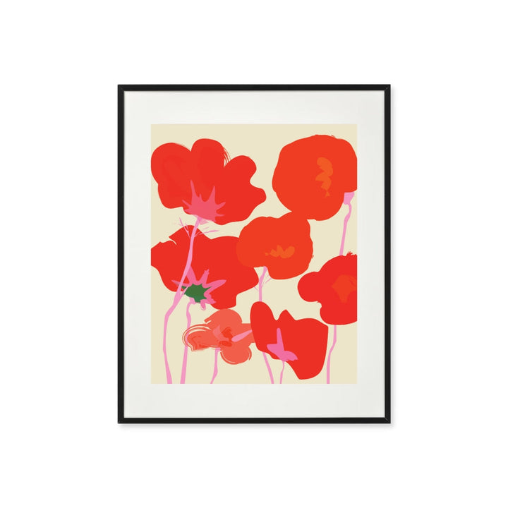 Illustrated art print by Canadian Artist, Rachel Joanis showing a bunch of red poppies with pink stems on a neutral beige background.