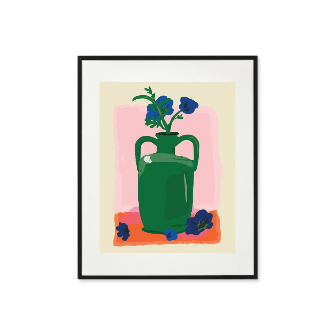 Illustrated art print by Canadian Artist, Rachel Joanis showing a green vase with blue flowers inside and around the vase with a light pink and coral background. 