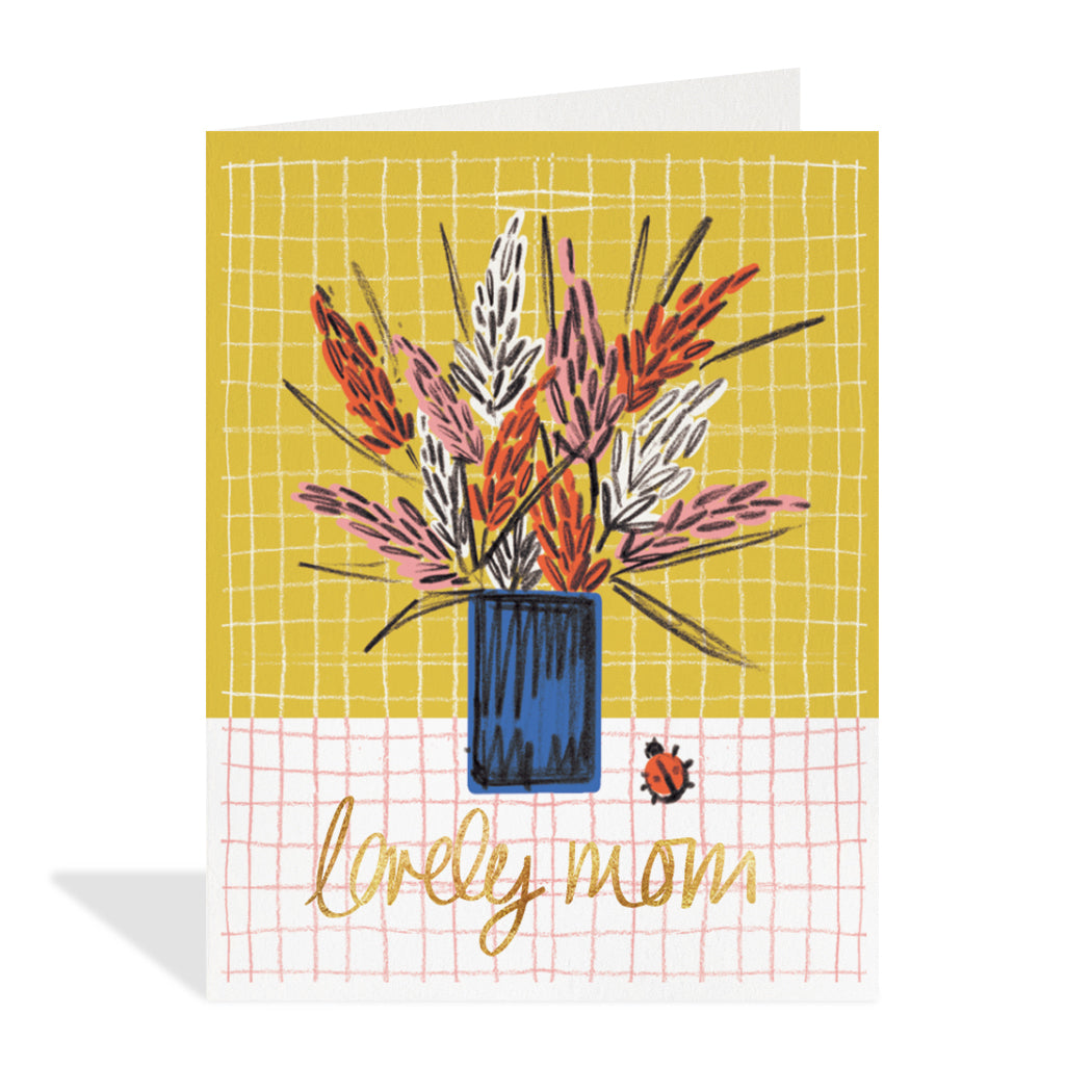 Greeting card design by Aimee Mac. A cute drawing of a bouquet with a gold foil sentiment that reads "lovely mom". 