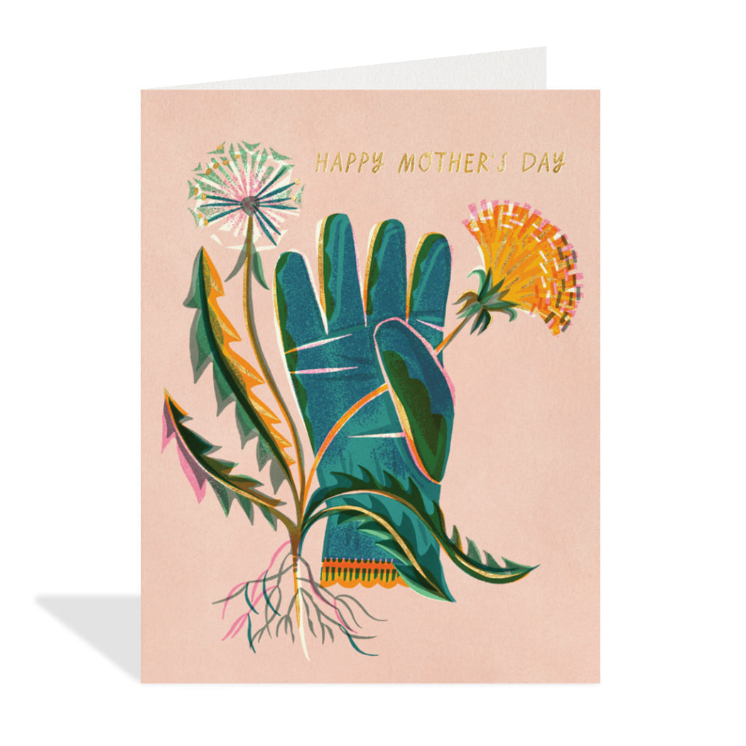 Greeting card design by Asta Barrington. A beautiful illustration of a green garden glove holding a flower with a gold foil sentiment that reads "happy mother's day".