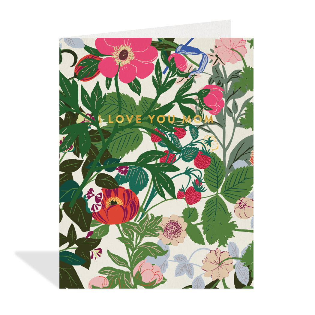 Greeting card design by Hannah Beisang. A lovely floral design with a gold foil sentiment that reads "I love you mom". 