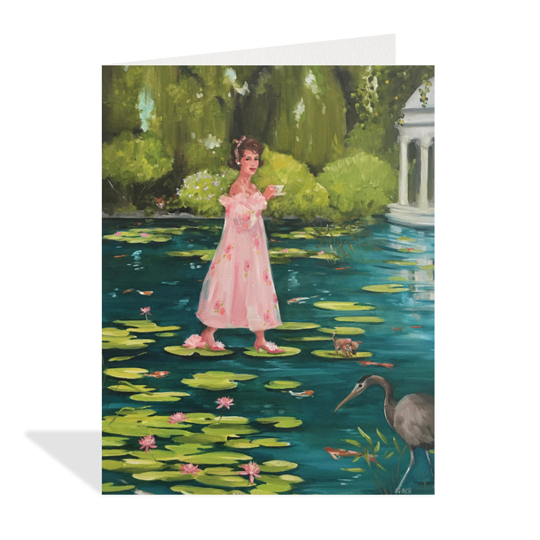 Greeting card design by Canadian Artist, Lisa Finch. An elegant painting of a woman in a long pink dress holding a teacup while stepping on lily pads across a pond.