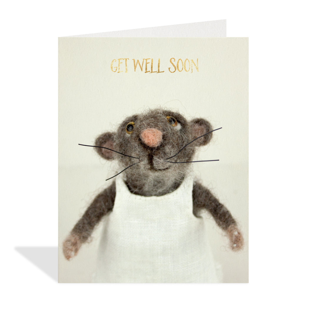 Greeting card design created by Canadian artist, Claudine Crangle. A cute image of a smiling mouse with their arms out. A gold foiled sentiments reads "wishing you well".