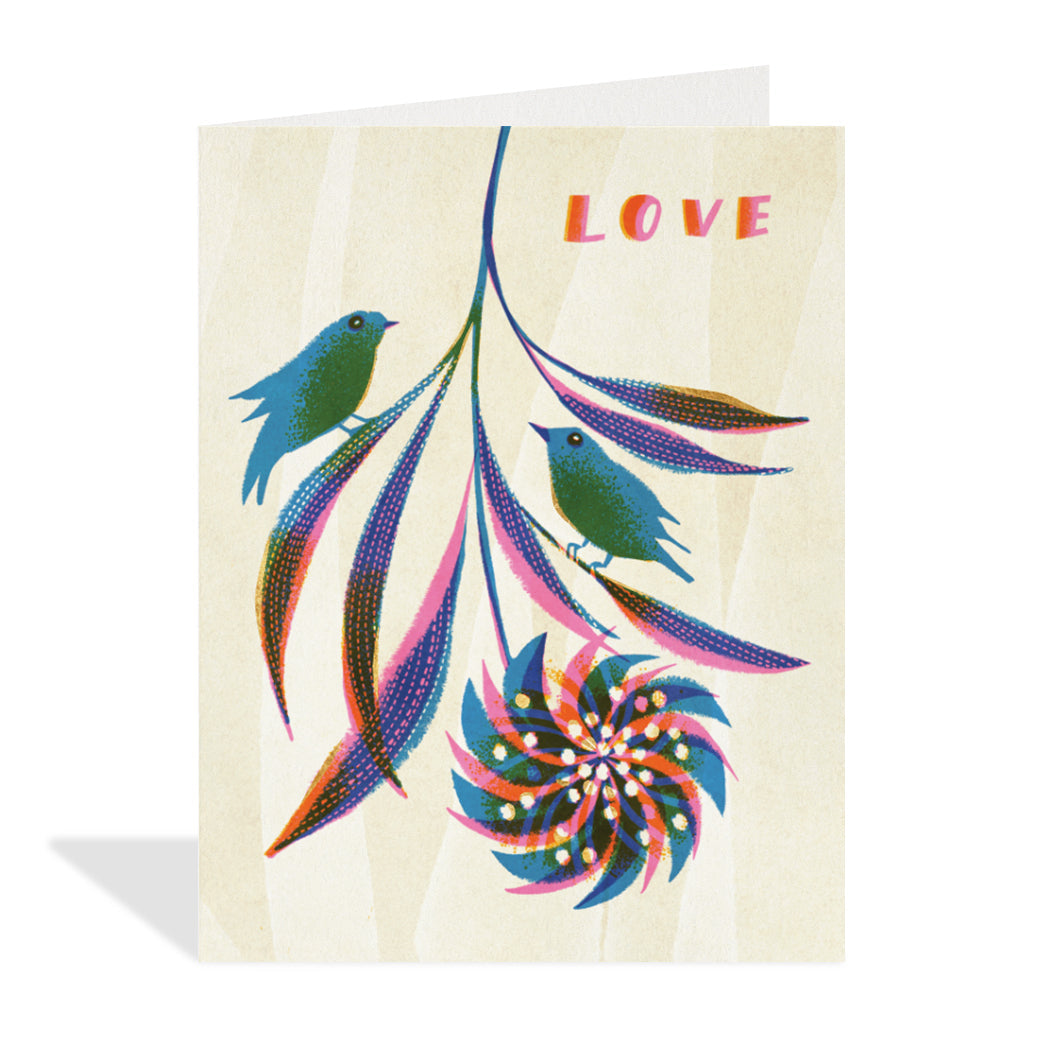 Greeting card design by Asta Barrington. A gold foil-accented design of a hanging flower with two birds on the leaves and a sentiment that reads "love". 
