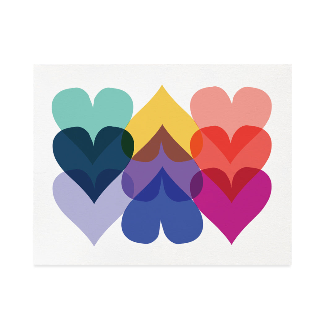 Greeting card design by Cassandra Ott. A colourful pattern design of 9 hearts. 