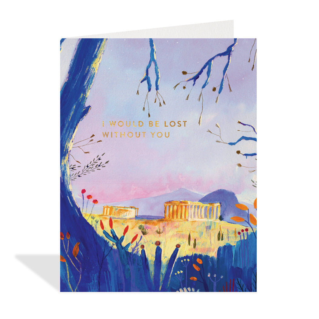 Greeting card design by Dide Tengiz. A lovely landscape illustration with a bent tree up close and a historical building in the distance and a sentiment that reads "I would be lost without you".