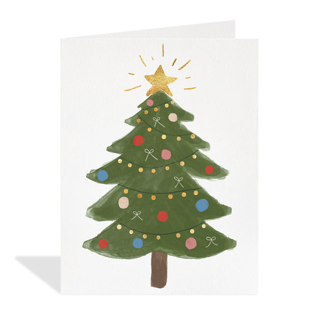 Greeting card illustration by Olive & Lu. Delicate illustration of a decorated Christmas tree with a gold foil shining star